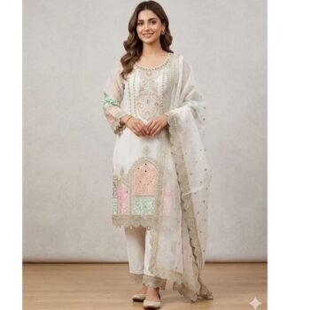 Ivory Serenity Multi-Tone Heavily Embroidered Organza 3-Piece Suite