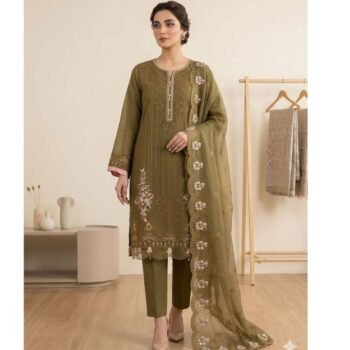 Olive Moss Intricate Chikankari & Floral Organza 3-Piece Suite