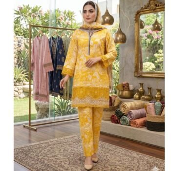 Mustard Leaf Print & Embroidered 3-Piece Suit