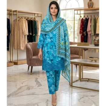 Azure Floral Elegance – Three-Piece Printed Lawn Ensemble
