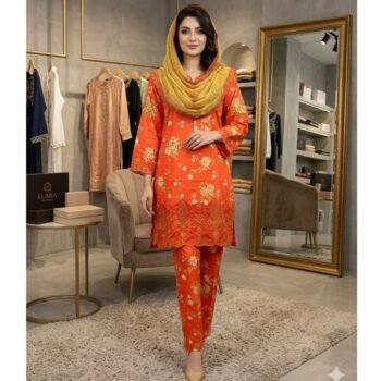 Burnt Orange Embroidered Lawn 3-Piece Suit